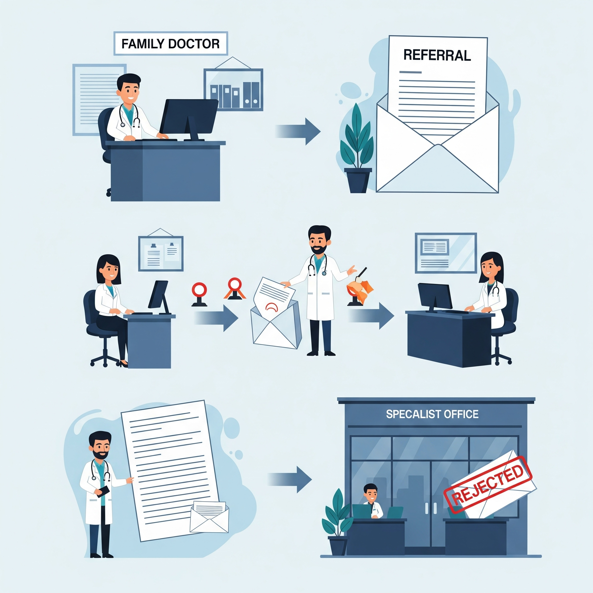 Frustrated doctor reading rejected referral